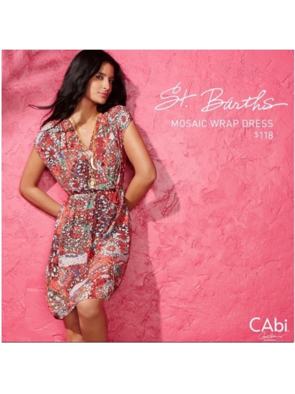 CABI St. Barts Mosaic V-Neck Short Cap Sleeve Faux Wrap Dress SMALL #862